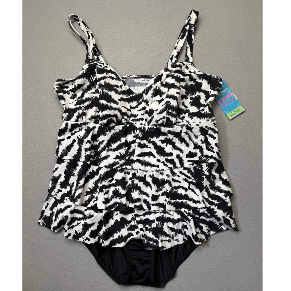 Swim Solutions Tummy Control Fauxkini Swimsuit Feral Stripes black 20W $122
